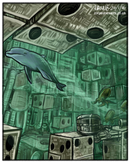 torpedoesarts:  Welcome to the Machine.    This is the kind of picture my 7 year old self always wanted to draw. I’ve been listening to Sound Waves, a compilation album that remixes all the original Ecco the Dolphin music, and it got inspired to draw