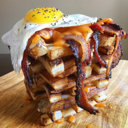 food-porn-diary:  Breakfast Jenga - (thick cut fries, melted cheese, bacon, and fried egg) - [600x600]
