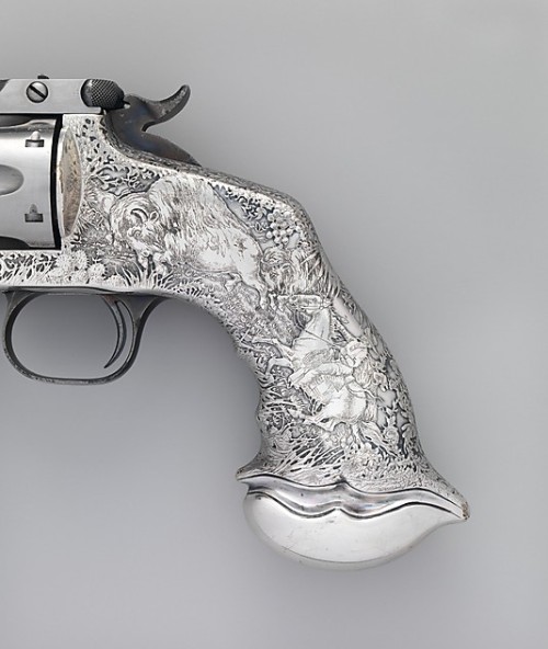 design-is-fine:  Tiffany & Co., Smith and Wesson, .44 Single Action Revolver, 1888. Steel, silver. Via Metropolitan Museum.  Between about 1880 and 1905, Tiffany & Co. embellished a series of deluxe handguns for the nation’s leading firearms