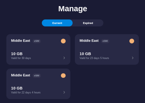 "Manage" page showing three current plans