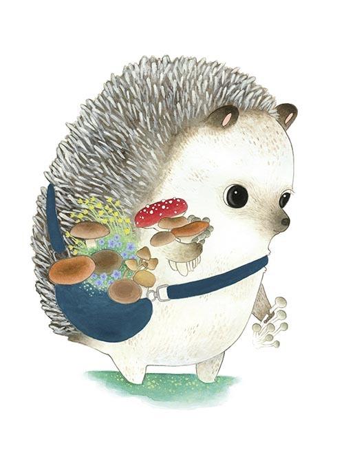 twoblackcatsstudio:  The Hedgehog Mushroom Gatherer  Greeting card for the Madison Park Group 2015 release. 