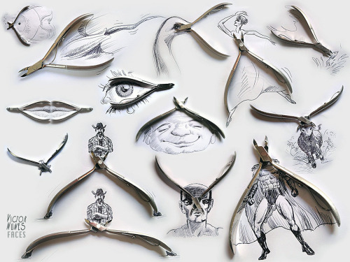 asylum-art:Sketches Made With Everyday Objects by Victor Nunes[FacebookArtist Victor Nunes creatively uses everyday objects like scissors, popcorn, and pencil shavings in his delightful drawings. He has more work on his Facebook page.