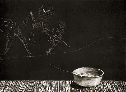 catsinarthistory:  William KENTRIDGE (1955) Cat and Bowl (1997, monotype)