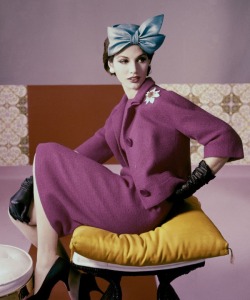    fuscia dress suit hat with bow detail by Emme, 1961.    