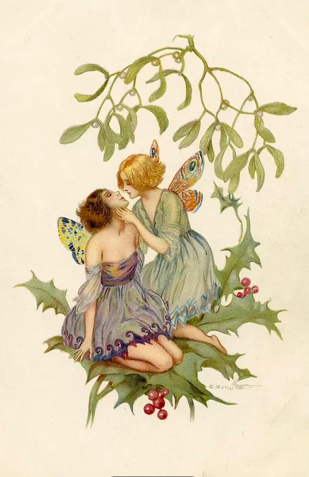 sapphetti:Two Butterfly Fairies Kissing on Holly Branch (ca. 1920) by Erich Schütz