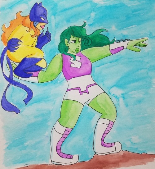 cassiferlynnart:Commission! The fast ball special with she hulk and hellcat for @averyho in traditio