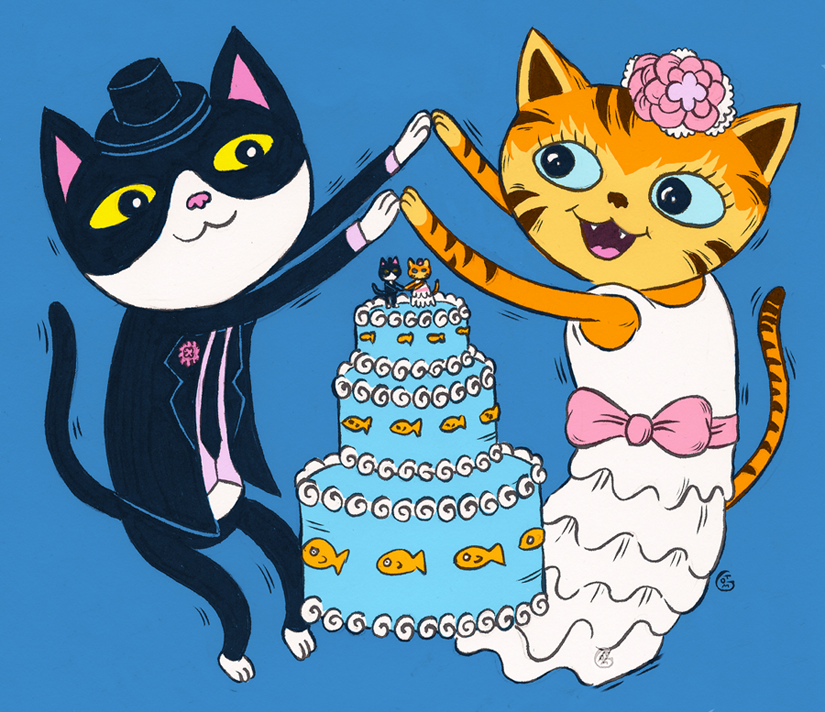 Two of my friends got married a few weeks ago. They both love cats, so naturally, I drew them as their spirit cats getting married.
Ahhh the beauty of holy meowtrimony.