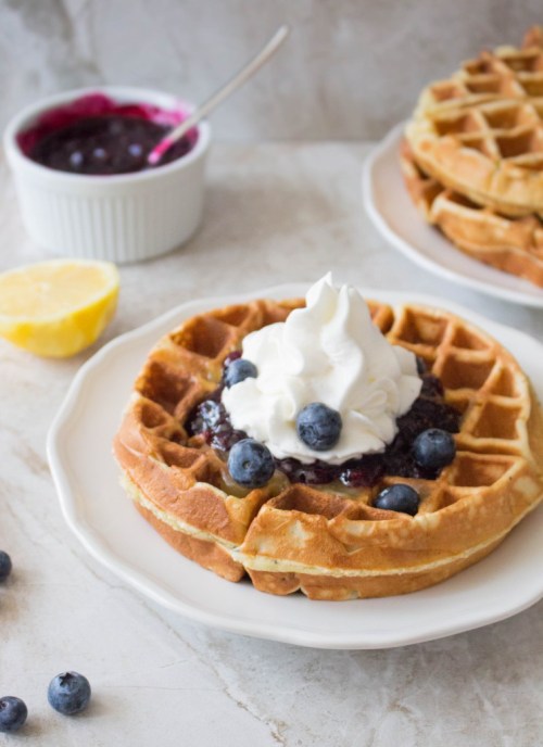 Lemon Poppy Seed Waffles with Lemon Curd & Blueberry Syrup