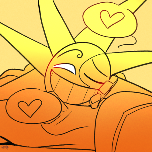 sixth panel of the comic where my sona's hand is reaching to caress the cheeks of sun who's still slumped down on the table and facing up at my sona who is still off-camera. they both have a speech bubble with a heart in it each