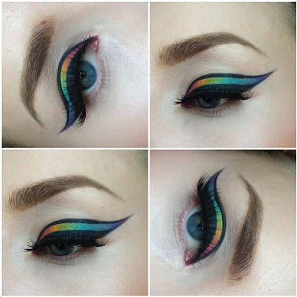 sugarpillcosmetics:  Amazing rainbow gradient cat eyes by the lovely and talented