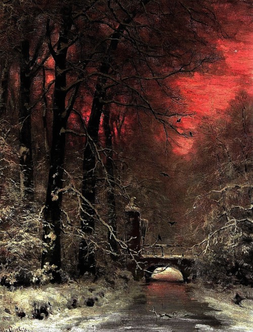 aqua-regia009:A Snowy Landscape At Sunset by Louis Apol (1850-1936)