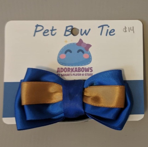 I made bow ties for pets. They have 4″ soft loop-and-latch straps that go around your pet’s collar. 