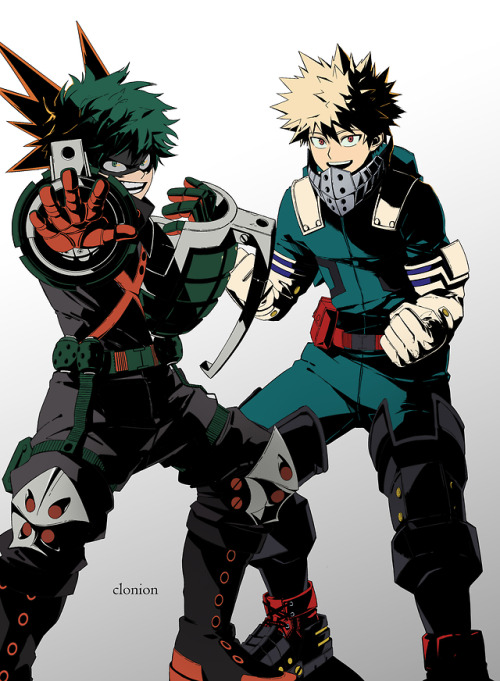 Midoriya Izuku and Bakugou Katsuki, but with their costumes, personalities, and quirks swapped. 