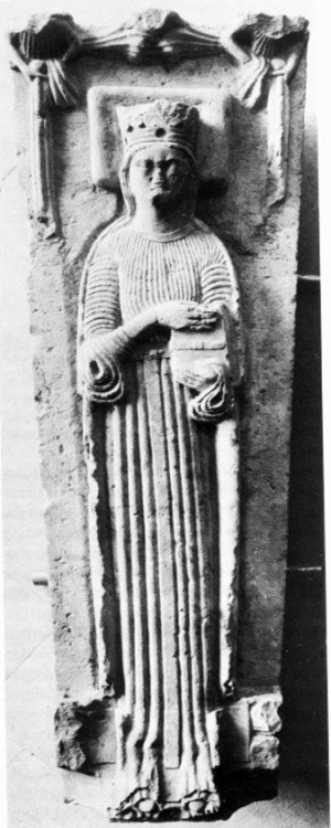 Queen Catherine of Sweden (d. 1245) as depicted on her now damaged grave monument at Gudhem made, c.