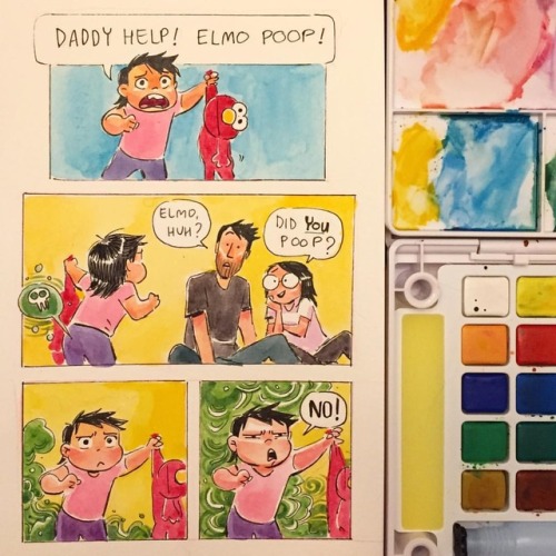 Elmo’s been pooping a lot. ...#20months #elmo #poop #comics #baby #watercolor #prettylittleliars #pa