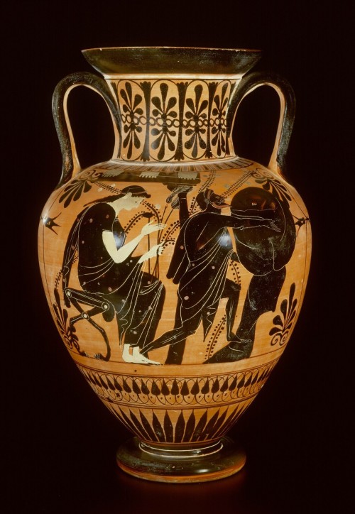 ancientpeoples:Attic black-figure neck- amphora. Sisyphos pushing his rock up the hill for eternity.