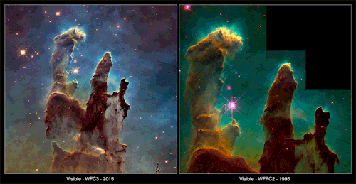 spaceexp:  The Pillars of Creation as seen by Hubble in 2015 and in 1995 via reddit