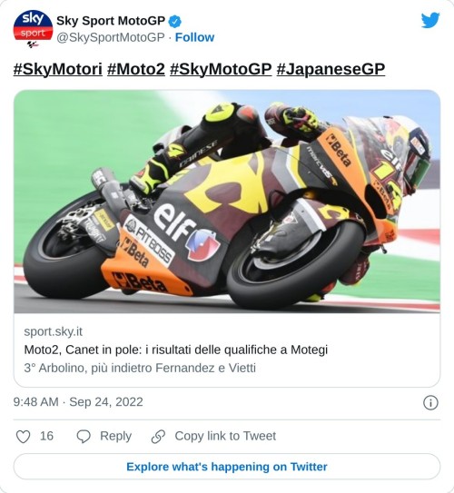 #SkyMotori #Moto2 #SkyMotoGP #JapaneseGPhttps://t.co/u5KrWoa42W  — Sky Sport MotoGP (@SkySportMotoGP) September 24, 2022