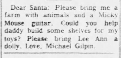 Dear Santa - please bring me a farm with animals and a mickey mouse guitar[Livingston County Press 1