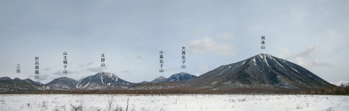 “The family” of volcanoes in the Nikko Range seen from Senjogahara wetland.   