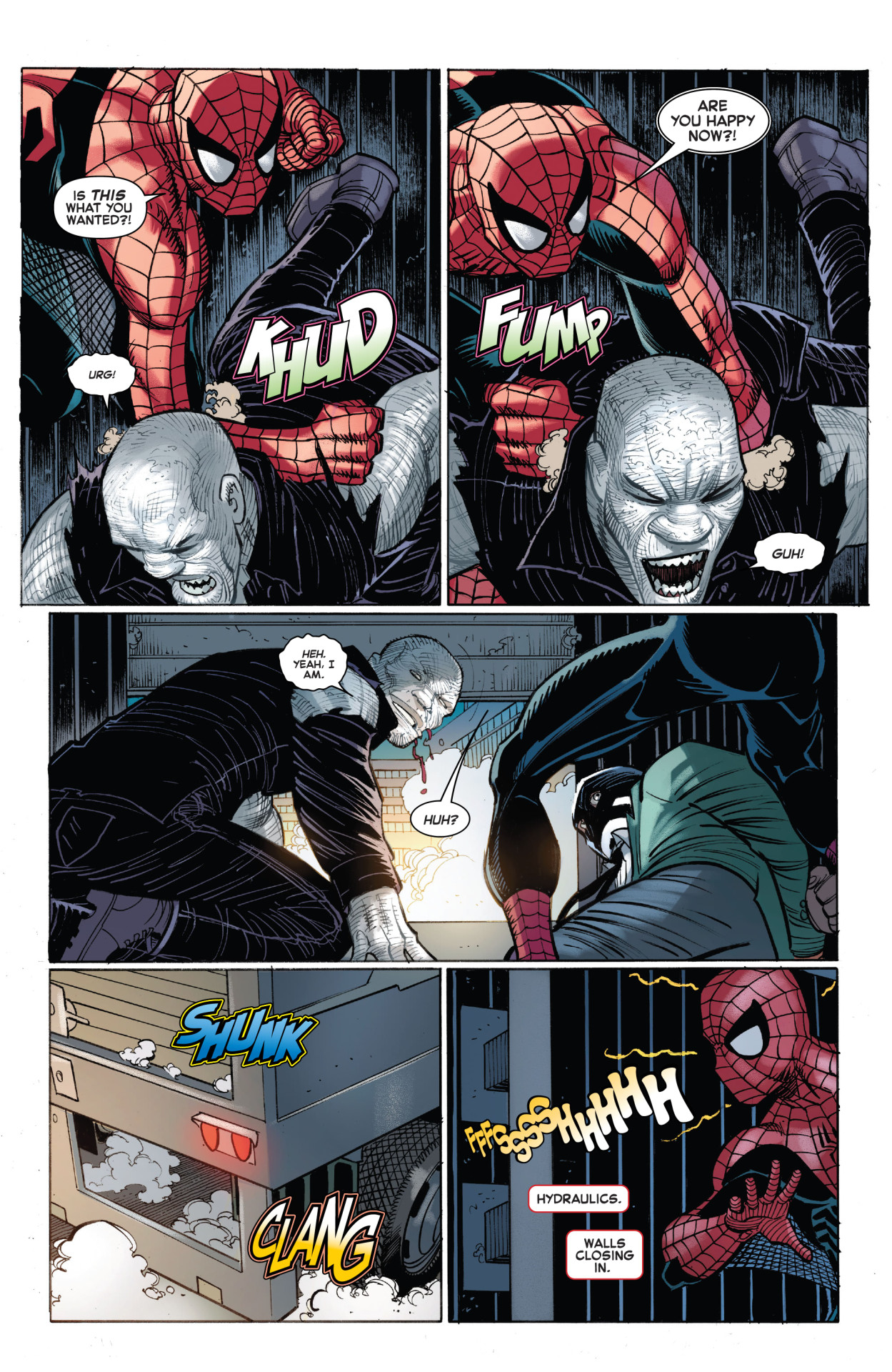 Spider-Man is fighting Tombstone inside the truck until he gets trapped, beaten up and squeezed into unconsciousness. - Amazing Spider-Man v6 #2, 2022 #Spider Man#Spiderman#Peter Parker#spidey #peter benjamin parker #Tombstone#Lonnie Lincoln#lured #beaten. #squeezed #trapped. #defeated #Dude in Distress