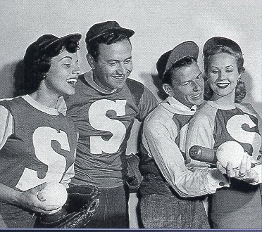 foreverfranksinatra:  Kay Starr, Gene Norman, Frank Sinatra and Virgina Mayo prepare for their up coming baseball game. 