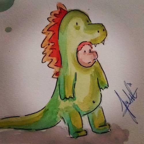 Tenía insomnio y salió esto, un niño dinosaurio. #watercolors #pen #fabriano #cuentosinfantiles #tierno