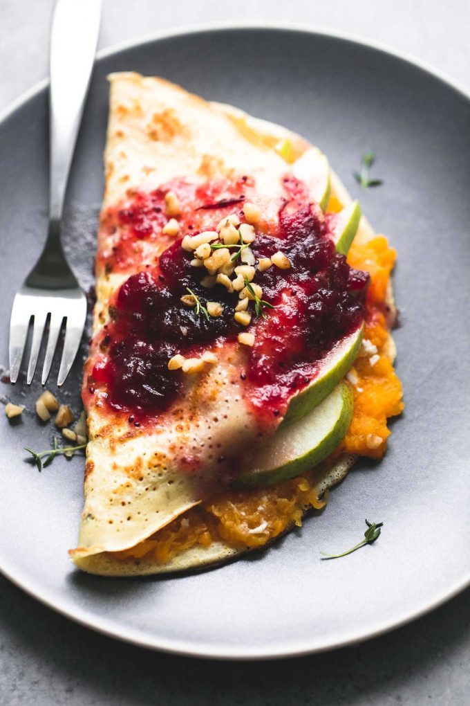 guardians-of-the-food:Butternut Squash Pear Crepes with Cranberry Sauce