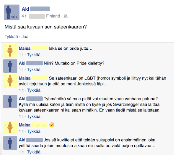 A quick translation:Aki: How do you get that rainbow on your picture?Maisa: Dad,