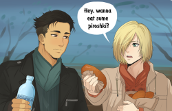 autumn-sacura:  To make up for sad picture yesterday, here is some cute Otabek and Yura bonding.  (If you don’t know what  Beshbarmak  is, read here)  Russian version under the cut. Keep reading 