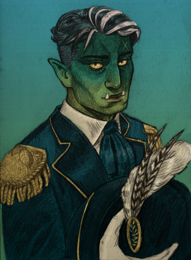 A grey pencil and digitally coloured drawing of Fjord Stone from Critical Role. He's shown from the chest up in three quarter's view, looking directly at the viewer with a charming smile. He wears a dark blue suit with shoulder tassels and trim, and holds a wide brimmed hat of the same colours to his chest, as if he's just taken it off in respectful greeting. 