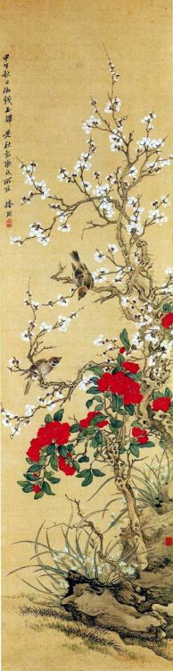 kakemono 掛物 -   “Birds and flowers”, deTsubaki Chinzan 椿椿山 (1801 - 1854).