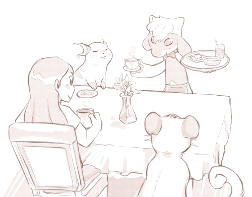 Doodle of my riolu pokecafe employee Frappe, featuring @keifujimi and some of her team!