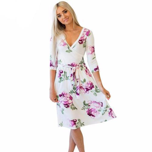 favepiece:Three Quarter Sleeve V-Neck Dress with Print - Use code TUMBLR10 to get a 10% discount!