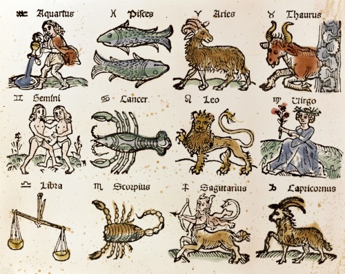 arcane-offerings:Woodcut print of the twelve signs of the zodiac, German, 16th century. 