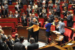 inothernews:  ÉGALITÉ  Lawmakers cheered after marriage equality legislation passed 331-225 in the National Assembly in Paris Tuesday. Lawmakers also approved adoption by lesbian and gay couples. (Photo: Visual / Zuma Press via The Wall Street Journal)