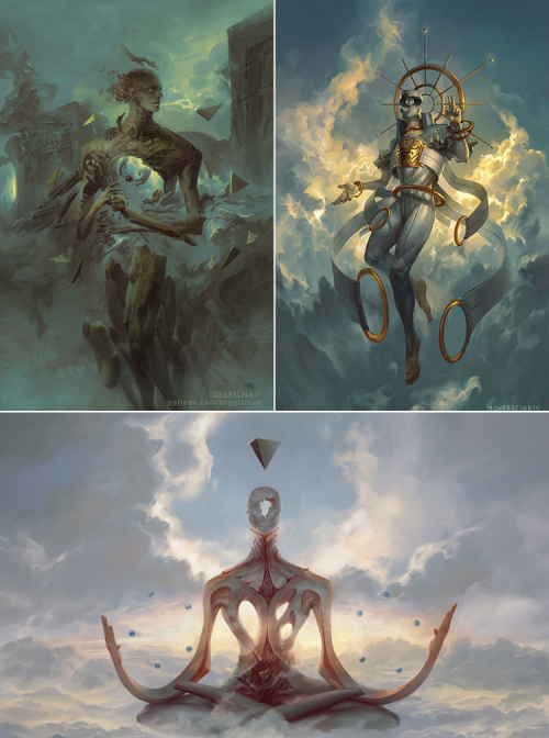 knightofleo:  Peter Mohrbacher | Angelarium  uriel, angel of flame & yesod  gevurah & suphlatus, angel of dustzadkiel, angel of mercy   &   zachriel, angel of memory  kushiel, the rigid one  hasmed, angel of annihilation & binahhod &