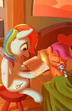 dmann892:  Fifth upcoming BronyCon print! Rainbow Dash reading her little surrogate sister to sleep.Props to those of you who know what Rainbow is reading ;3   &lt;3!