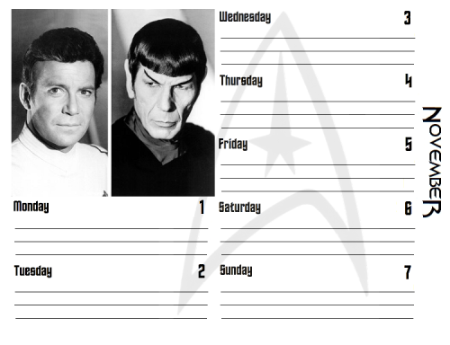 For the month of November, these planner pages will feature Spock and Kirk from the TOS movies. Enjo