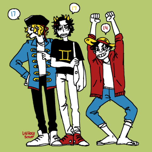 laundromat-bandit:ace and sabo go to a convention when they’re 16 and sabo doesn’t really know what 