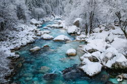 crowcrow:  Soca, the most beautiful river in Slovenia, captured on a cold winter morning after a fresh snowfall photo by Luka Esenko 