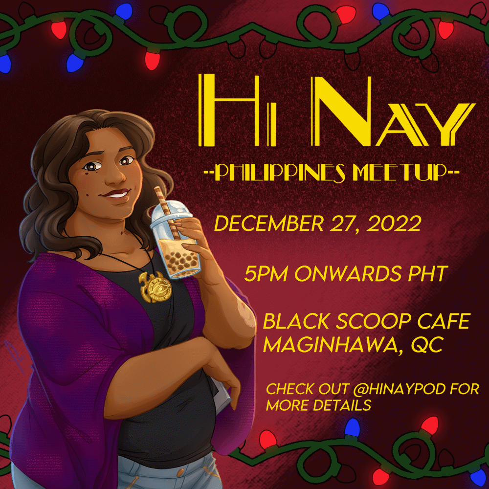 GIF announcement with information about the Hi Nay meetup with flashing christmas lights and a Mari artwork of her holding bubble tea