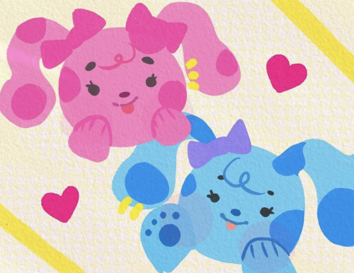 Stylized illustration of the cartoon characters Magenta and Blue from Blue's Clues.
