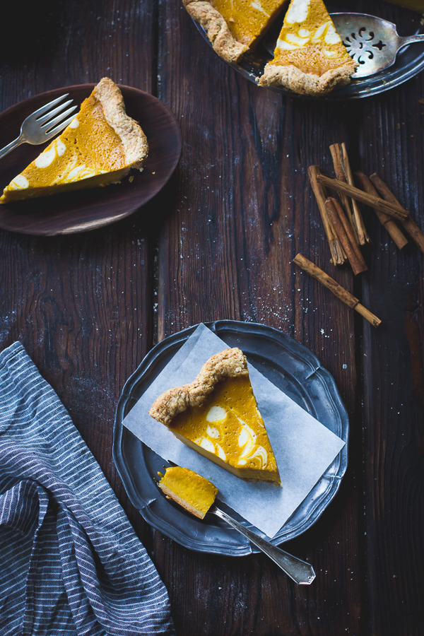 sweetoothgirl:  Pumpkin Buttermilk Pie with a Crème Fraîche Swirl {Gluten-Free}