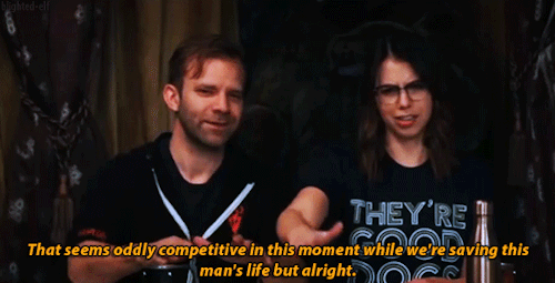 [GIF description: a GIFset of Liam O’Brien and Laura Bailey on the set of Critical Role during the f