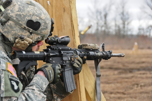 militaryarmament:A soldier from the 101st Airborne Division firing his rifle at a target during a st