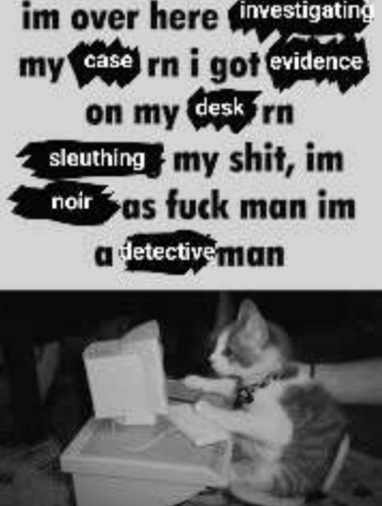 a black and white photo of a cat sitting in a miniature computer desk, with a caption above reading 'i'm over here investigating my case right now i got evidence on my desk right now sleuthing my shit, i'm noir as fuck man i'm a detective man'.