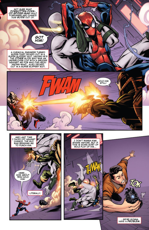 Spider-man was held in a full nelson and blasted, then blasted again.