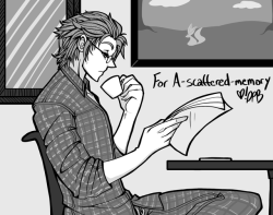 destiny-islanders: Ignis starting his morning off right with a report and a fresh cup of coffee. (Can you brew Ebony hot???) For @a-scattered-memory, who won third place in my doodle giveaway! Thank you!! &lt;3 &lt;3 &lt;3 