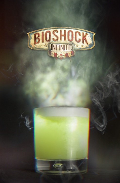 thedrunkenmoogle:  Possession (Bioshock Infinite cocktail) Ingredients:1 bunch of Basil½ Lemon½ Lime25 ml Sugar Syrup50 ml Tanqueray Gin Abisnthe Froth recipe (Serves 4):1 Egg White25 ml Sugar Syrup25 ml Water25 ml Absinthe Directions: Add